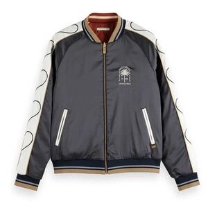 Scotch & Soda Navy and White Bomber Jacket with Contrast Sleeves